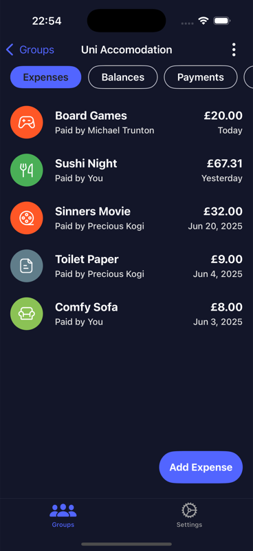 BuddySplit Expense List Screenshot